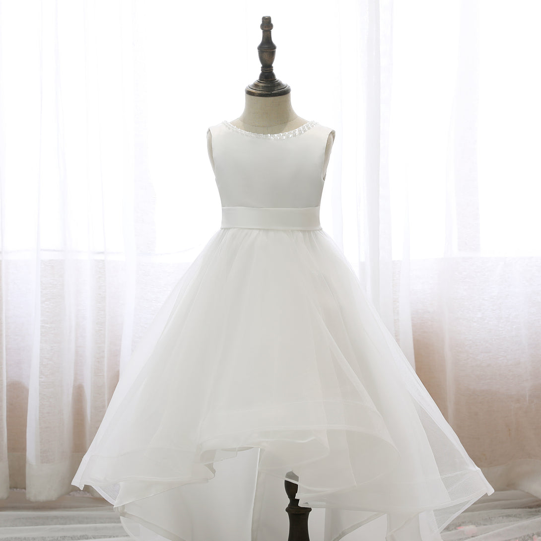 Boat Neck Sleeveless Tea-Length Satin/Tulle Asymmetrical Flower Girl Dresses With Beads/Belt/Bow Gidiondress