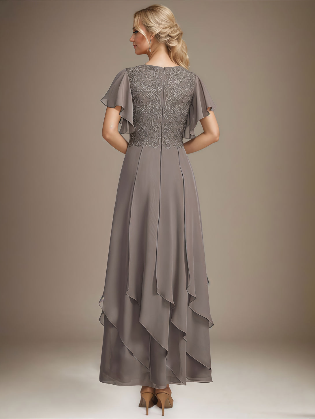 Elegant V-Neck Flutter Straps Ankel-Length Chiffon/Lace Mother of the Bride Dress With Cascading Ruffles BabaMila