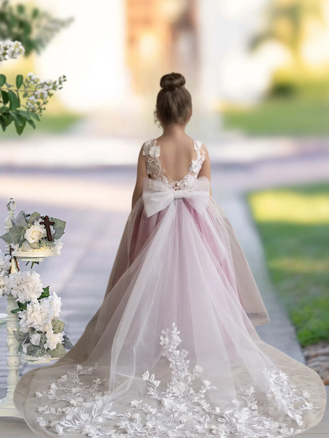Scoop Neck Sleeveless Floor-Length Detachable Tulle Flower Girl Dresses With 3D Flower/Appliques Gidiondress
