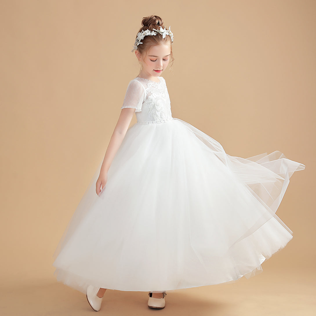 Ball Gown Short Sleeve Scoop Neck Floor-Length Tulle/Lace Flower Girl Dresses/First Communion Dress With Appliques/Beads Gidiondress