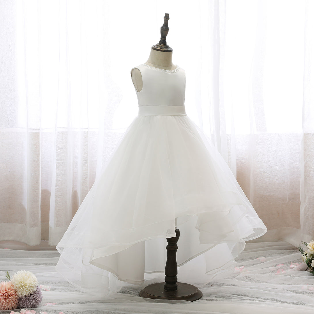 Boat Neck Sleeveless Tea-Length Satin/Tulle Asymmetrical Flower Girl Dresses With Beads/Belt/Bow Gidiondress