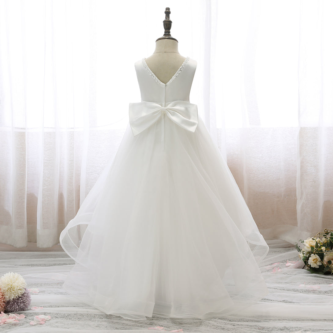 Boat Neck Sleeveless Tea-Length Satin/Tulle Asymmetrical Flower Girl Dresses With Beads/Belt/Bow Gidiondress
