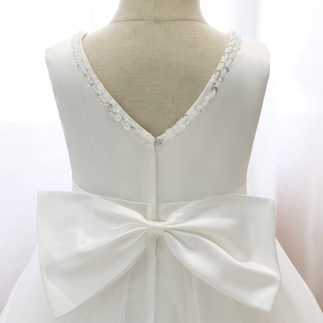 Boat Neck Sleeveless Tea-Length Satin/Tulle Asymmetrical Flower Girl Dresses With Beads/Belt/Bow Gidiondress