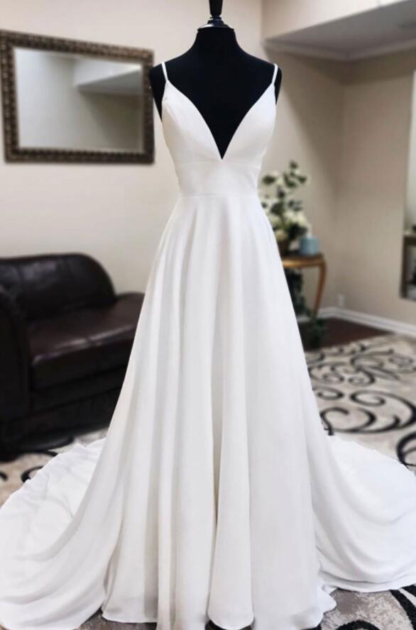 Ivory V-neck Sleeveless Sweep/Brush Train Wedding Dresses BabaMila