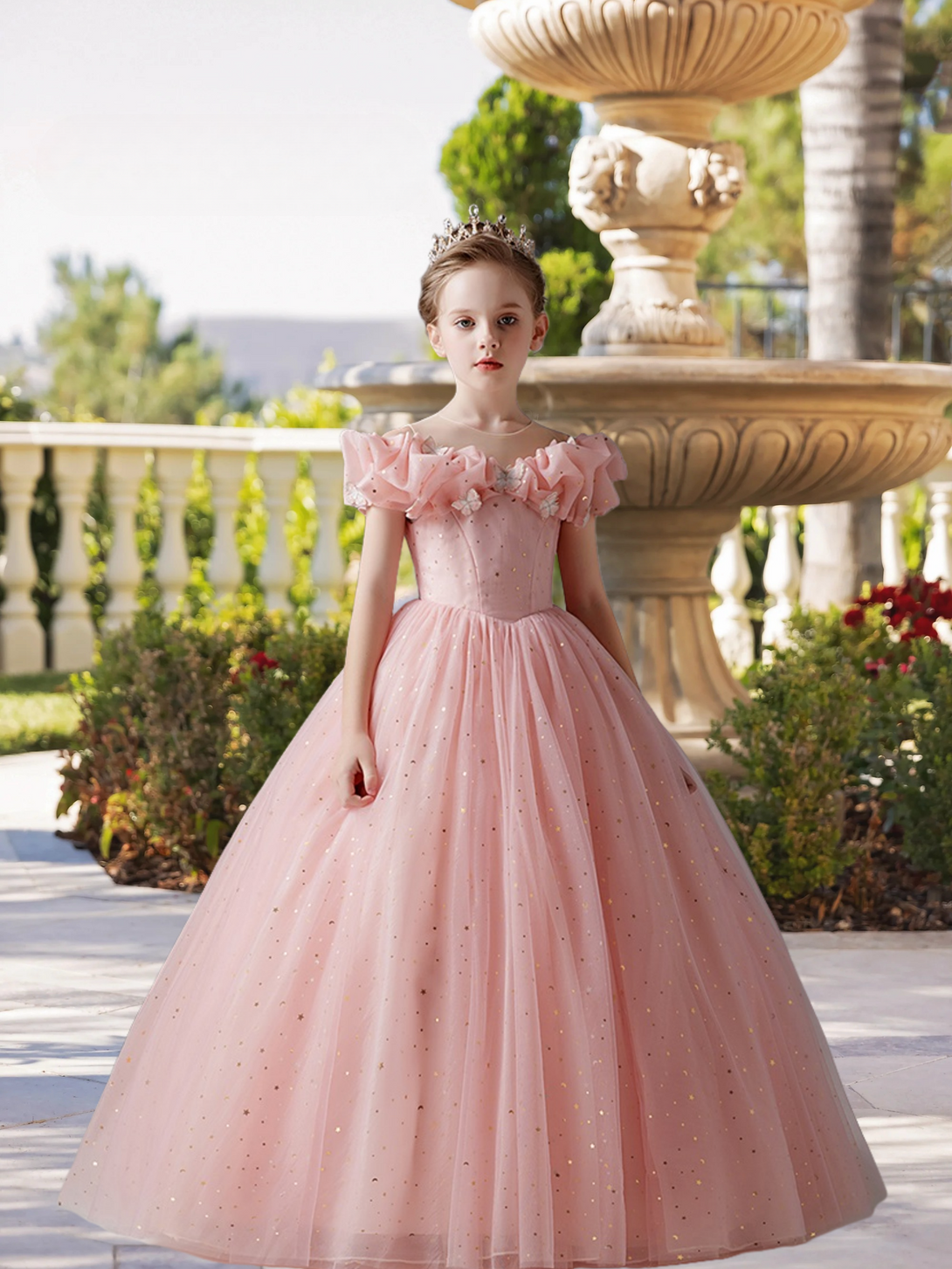 Boat Neck Cold Shoulder Floor-Length Satin/Printed Tulle Ball Gown/Princess With Butterfly Appliques Gidiondress