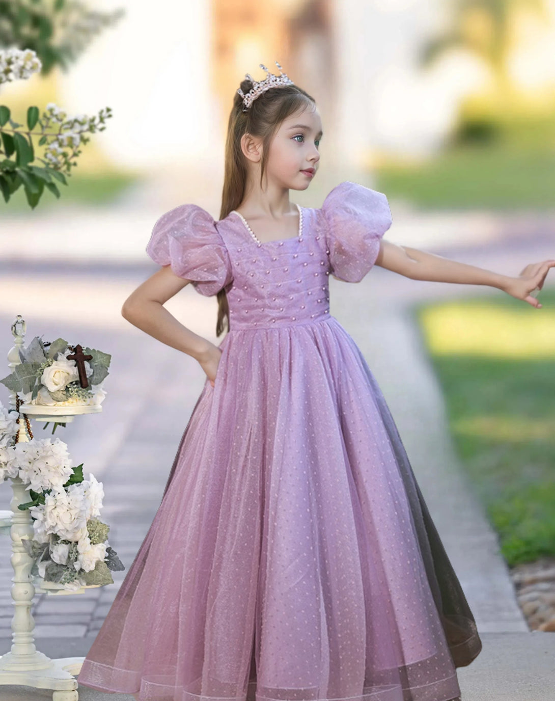 Princesss/Ball Gown Short Sleeve Square Neck Floor-Length Satin/Polka Dots Tulle Holiday＆Christmas Dresses Gidiondress