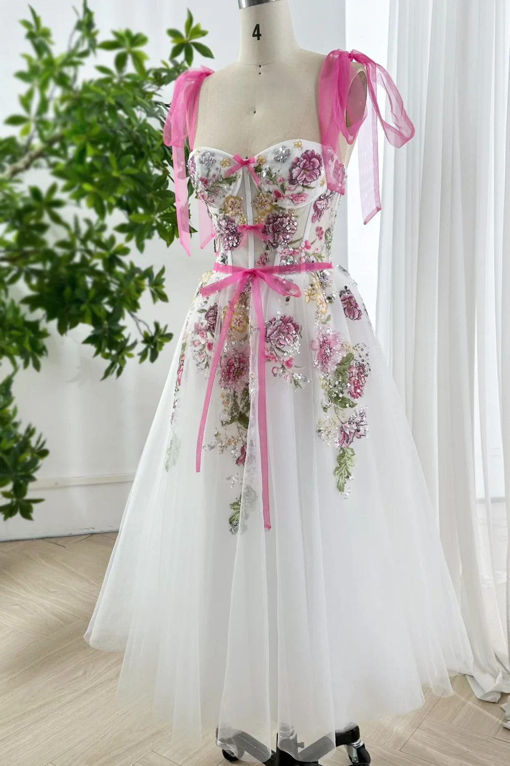 Floral Embroidered Prom Dress Tulle Midi Dress with Pink Ribbon Straps Floral Applique Tulle Gown Evening Party Dress BabaMila