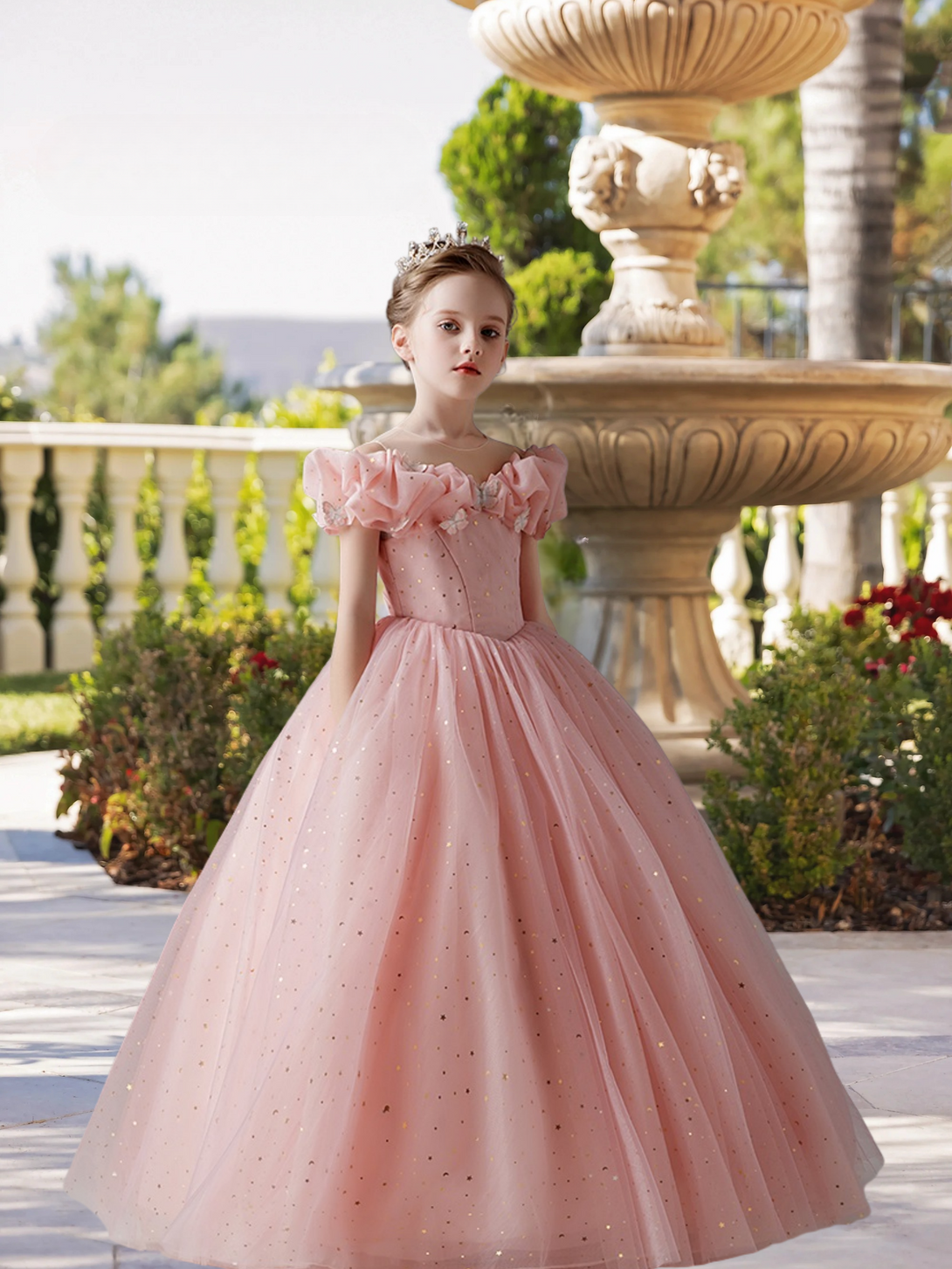 Boat Neck Cold Shoulder Floor-Length Satin/Printed Tulle Ball Gown/Princess With Butterfly Appliques Gidiondress