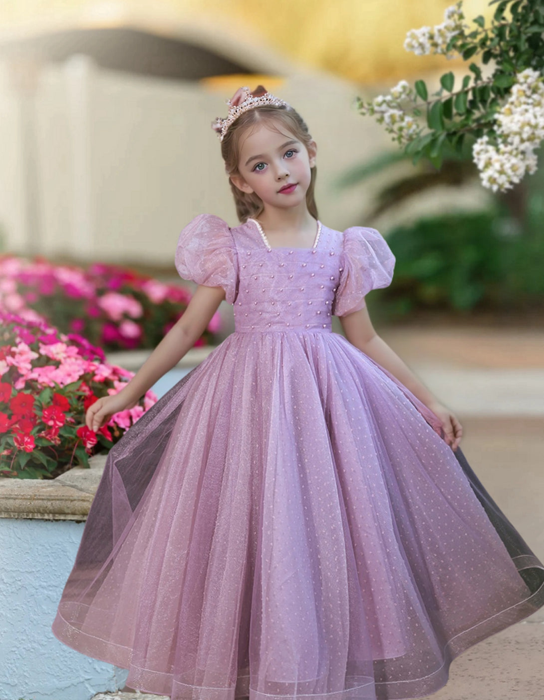 Princesss/Ball Gown Short Sleeve Square Neck Floor-Length Satin/Polka Dots Tulle Holiday＆Christmas Dresses Gidiondress