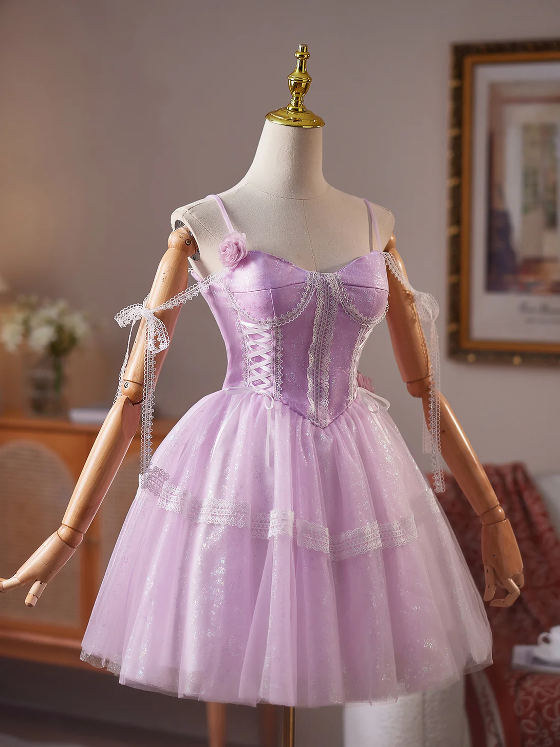 A-Line Tulle Lace Purple Short Prom Dress, Purple Homecoming Dress Homecoming Dress BabaMila