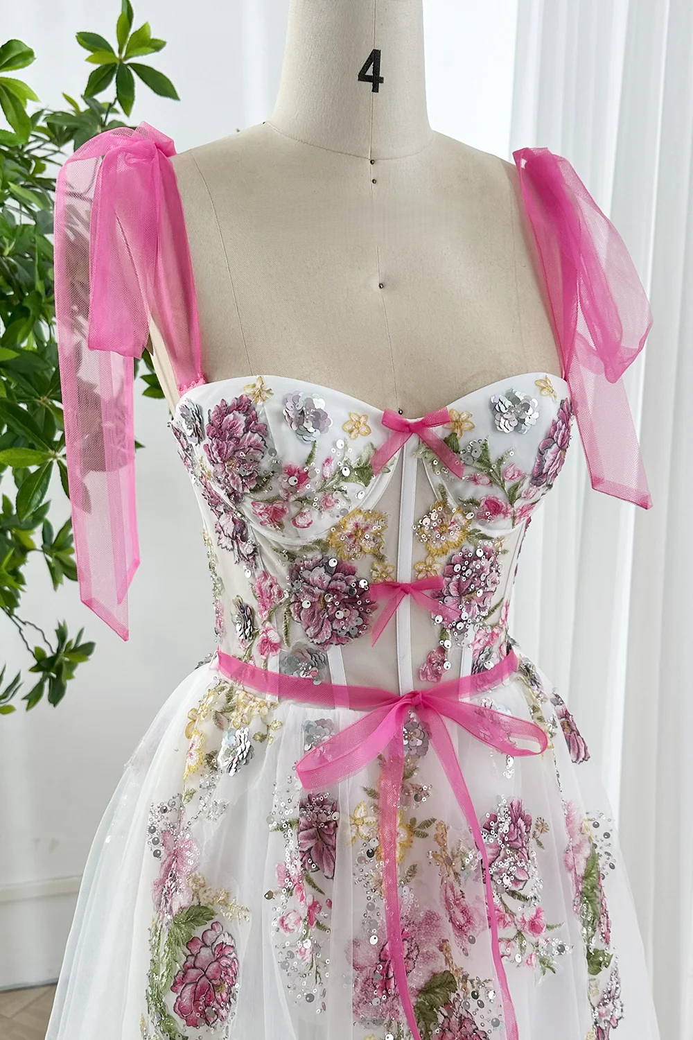 Floral Embroidered Prom Dress Tulle Midi Dress with Pink Ribbon Straps Floral Applique Tulle Gown Evening Party Dress BabaMila