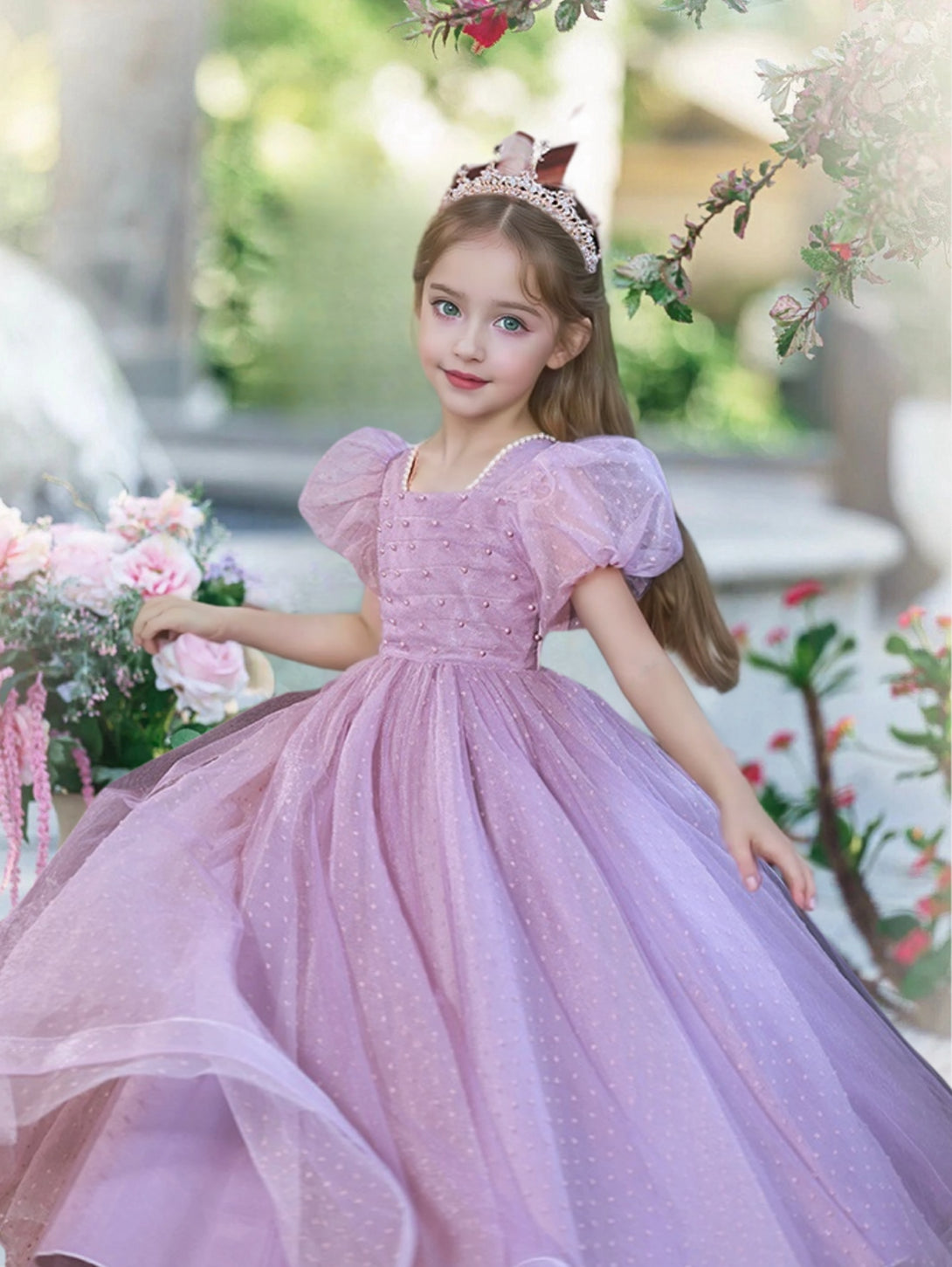 Princesss/Ball Gown Short Sleeve Square Neck Floor-Length Satin/Polka Dots Tulle Holiday＆Christmas Dresses Gidiondress as picture 12M