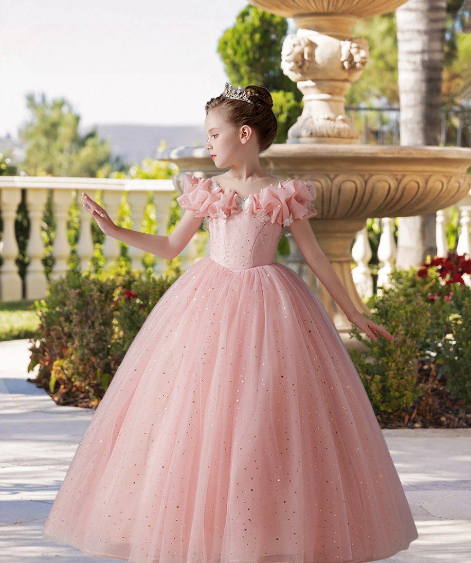 Boat Neck Cold Shoulder Floor-Length Satin/Printed Tulle Ball Gown/Princess With Butterfly Appliques Gidiondress Pearl Pink 12M