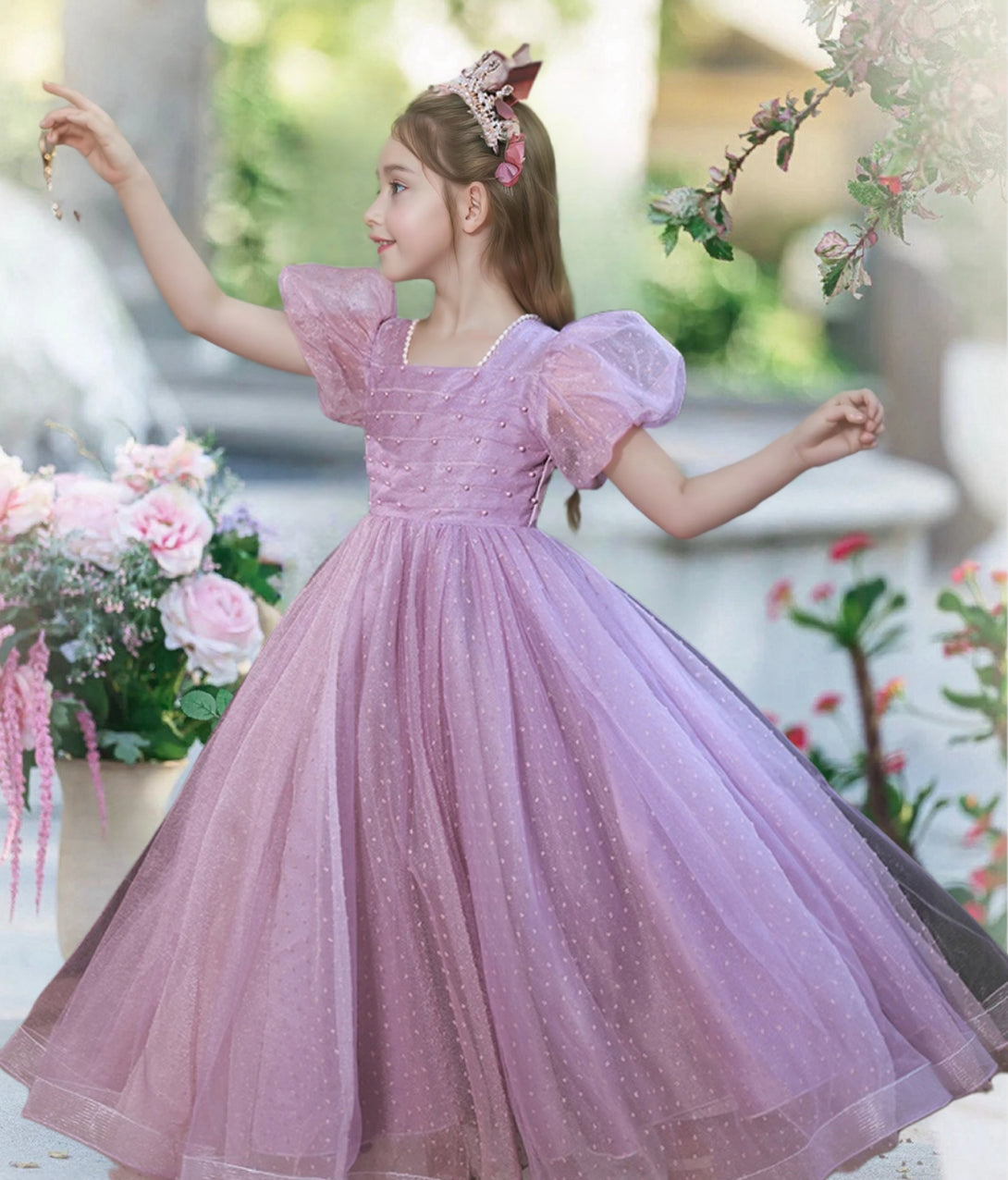 Princesss/Ball Gown Short Sleeve Square Neck Floor-Length Satin/Polka Dots Tulle Holiday＆Christmas Dresses Gidiondress