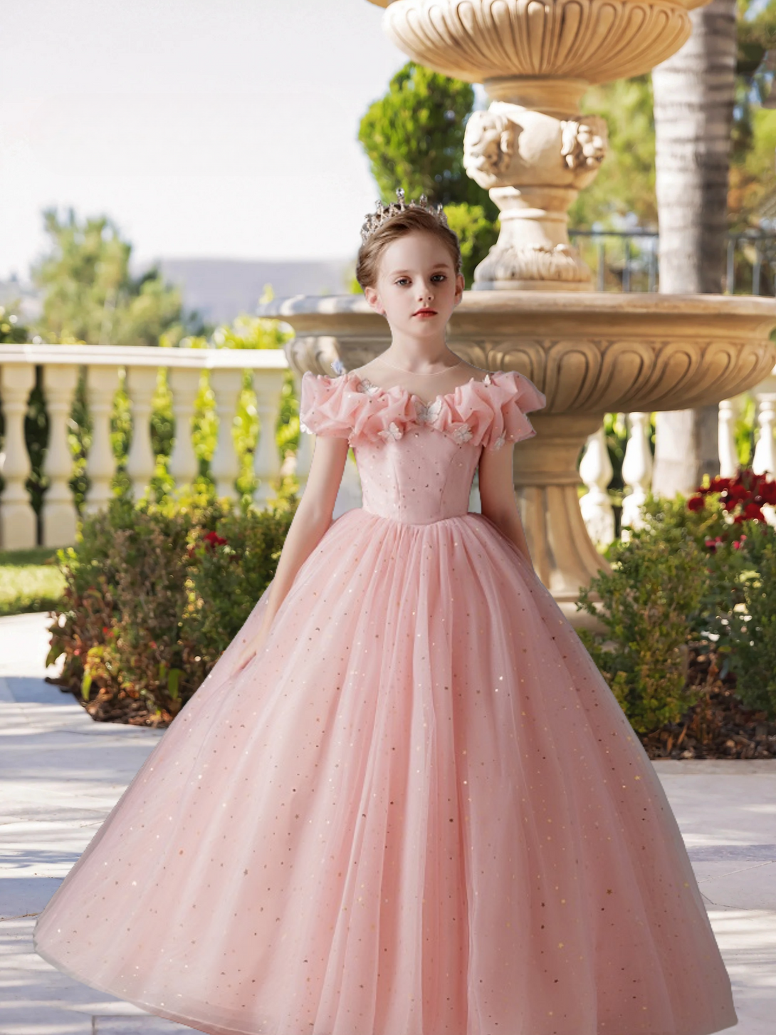 Boat Neck Cold Shoulder Floor-Length Satin/Printed Tulle Ball Gown/Princess With Butterfly Appliques Gidiondress