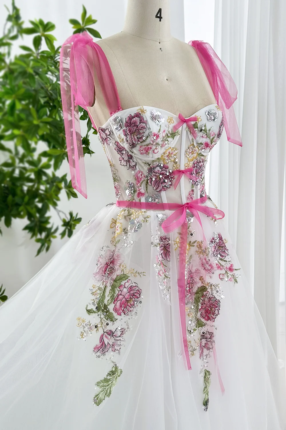 Floral Embroidered Prom Dress Tulle Midi Dress with Pink Ribbon Straps Floral Applique Tulle Gown Evening Party Dress BabaMila