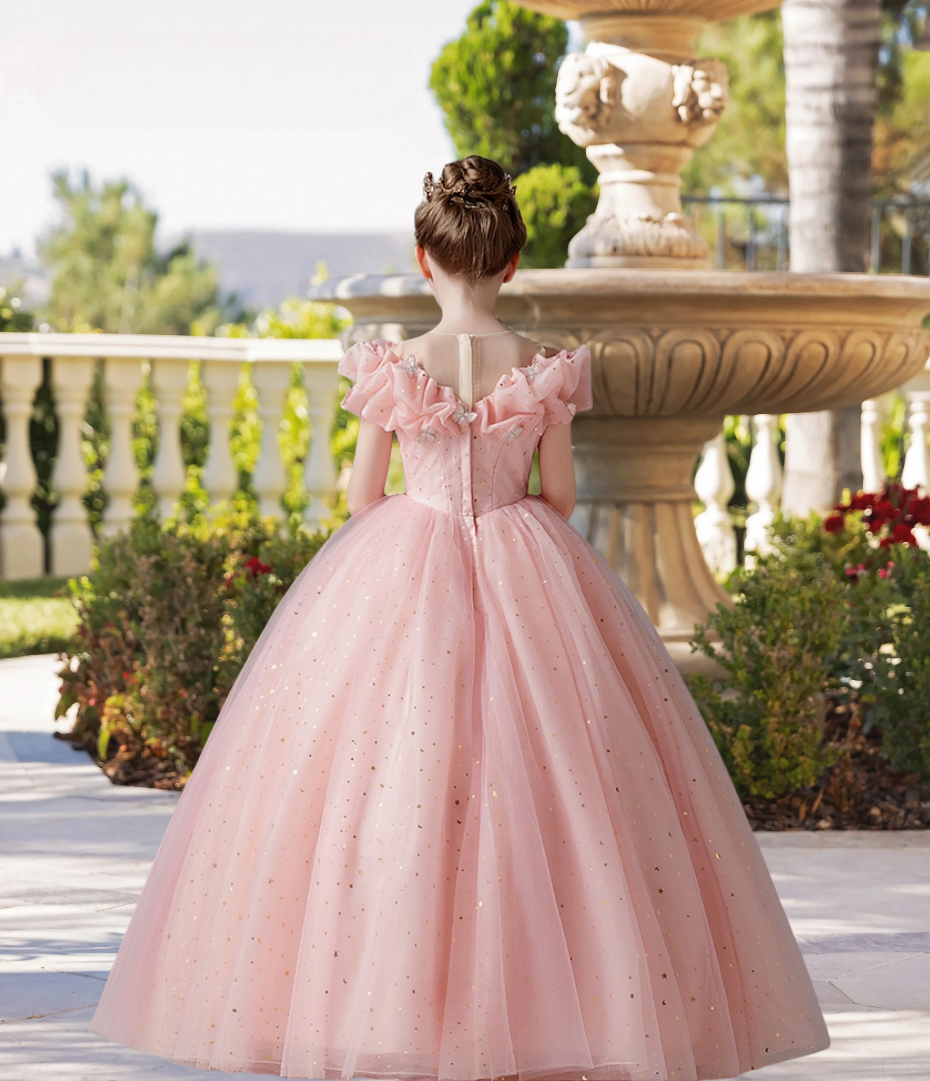 Boat Neck Cold Shoulder Floor-Length Satin/Printed Tulle Ball Gown/Princess With Butterfly Appliques Gidiondress