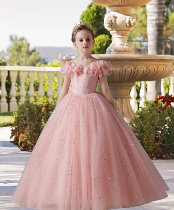Boat Neck Cold Shoulder Floor-Length Satin/Printed Tulle Ball Gown/Princess With Butterfly Appliques Gidiondress