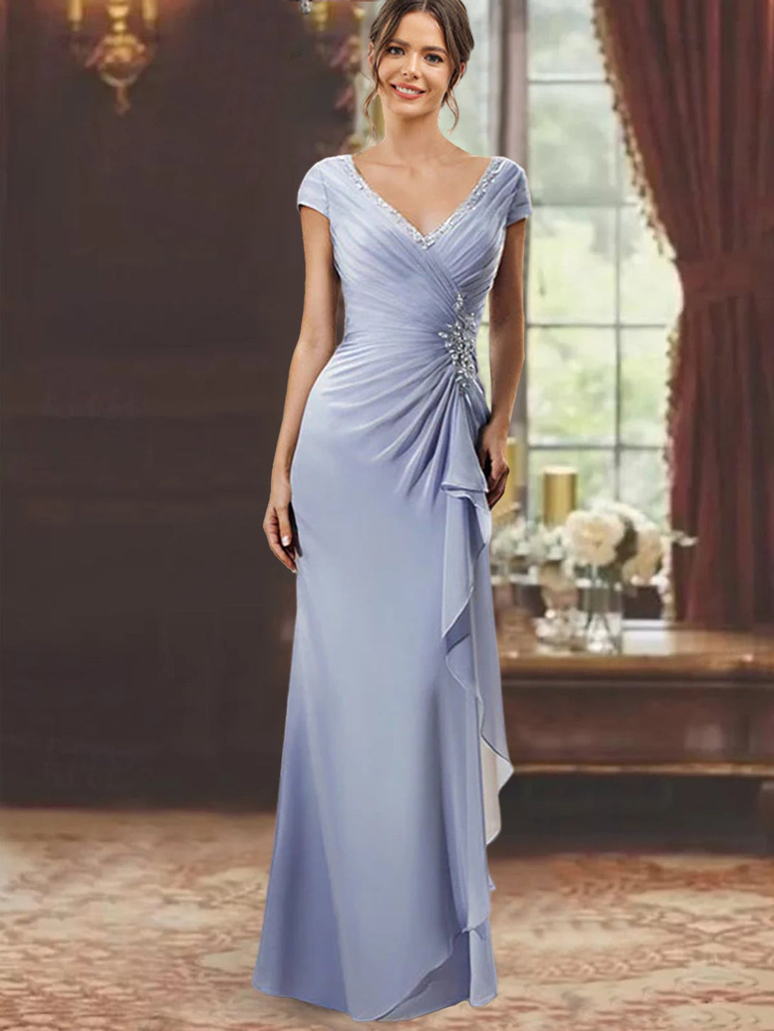 Sheath/Column Off-The-Shoulder Short Sleeves Tea-Length Unique Mother Of The Bride Dresses With Feathers BabaMila