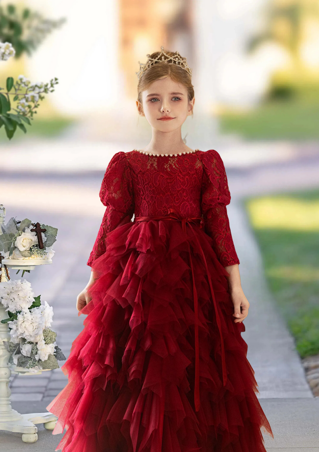 Formal Ball Gown Boat Neck Long Sleeve Floor-Length Tulle/Lace Girls Birthday Dresses With Beads/Ribbon Girls Gidiondress Burgundy 12M