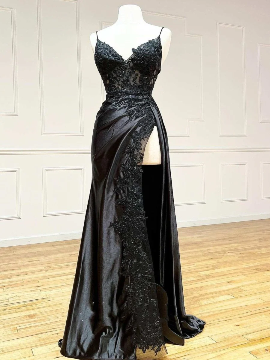 Sheath Black Long Appliques Prom Dress BabaMila