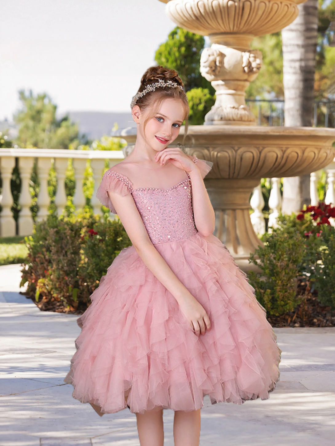 Boat Neck Flutter Straps Knee-Length Exquisite Sequins/Tulle Girl's Cake Dresses With Appliques/Beads Gidiondress