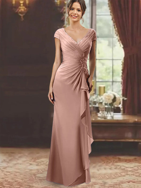 Sheath/Column Off-The-Shoulder Short Sleeves Tea-Length Unique Mother Of The Bride Dresses With Feathers BabaMila