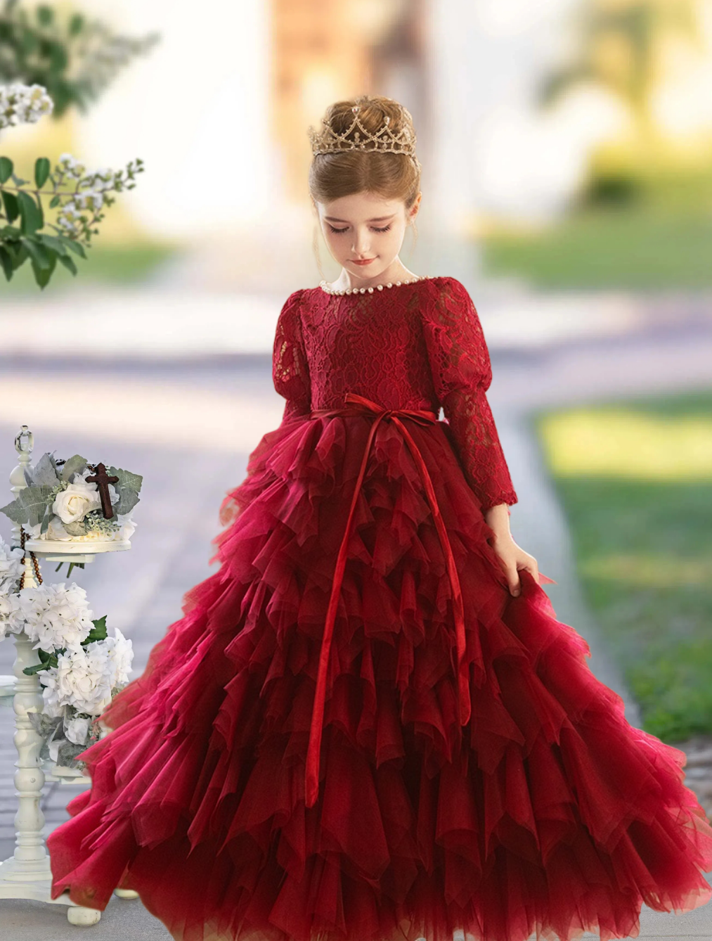 Formal Ball Gown Boat Neck Long Sleeve Floor-Length Tulle/Lace Girls Birthday Dresses With Beads/Ribbon Girls Gidiondress