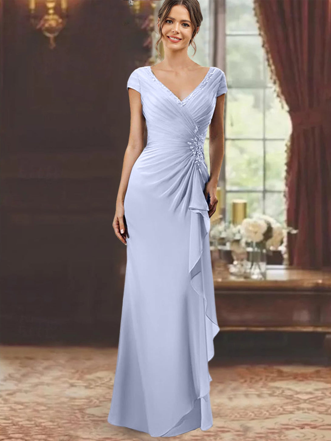 Sheath/Column Off-The-Shoulder Short Sleeves Tea-Length Unique Mother Of The Bride Dresses With Feathers BabaMila
