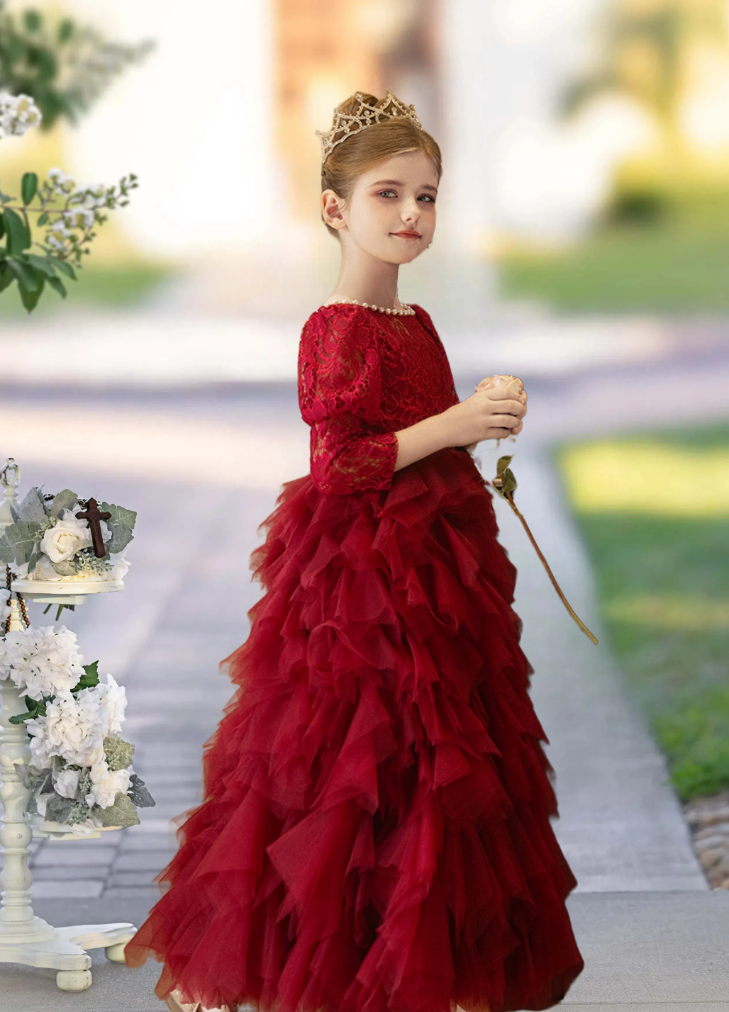 Formal Ball Gown Boat Neck Long Sleeve Floor-Length Tulle/Lace Girls Birthday Dresses With Beads/Ribbon Girls Gidiondress