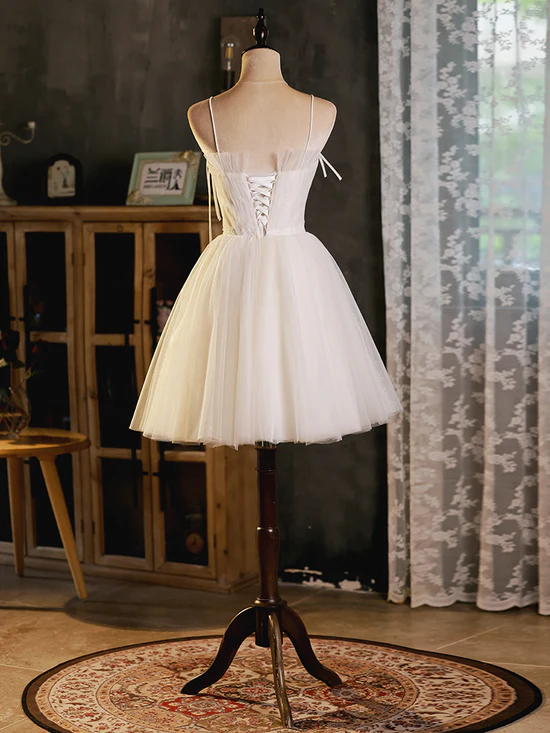 A-Line Beige Tulle Short Prom Dress, Beige Cute Homecoming Dress Homecoming Dress BabaMila