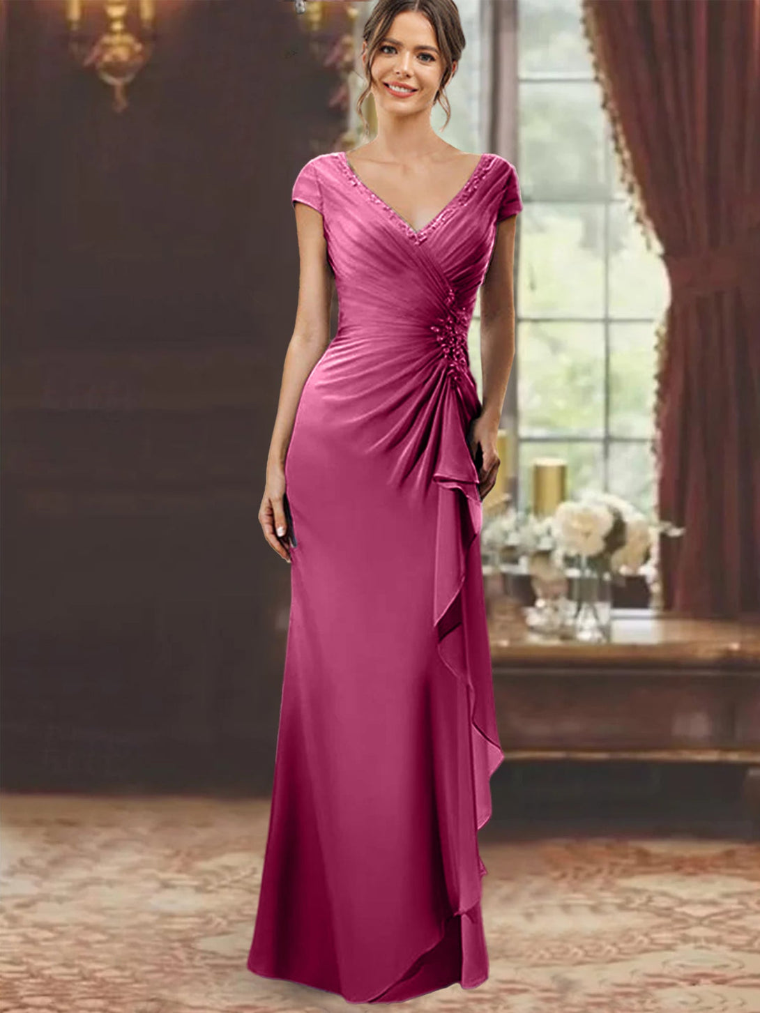 Sheath/Column Off-The-Shoulder Short Sleeves Tea-Length Unique Mother Of The Bride Dresses With Feathers BabaMila