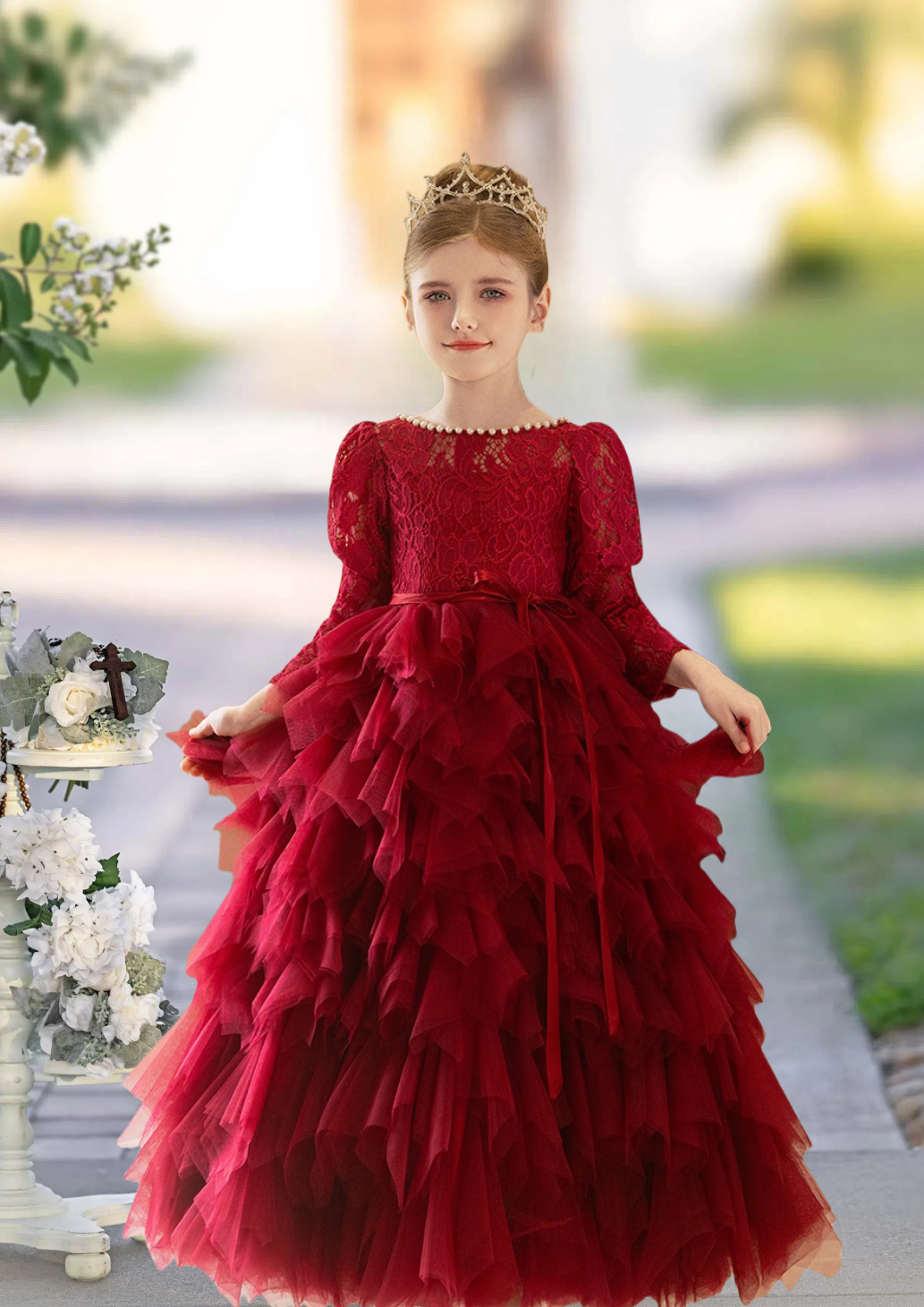 Formal Ball Gown Boat Neck Long Sleeve Floor-Length Tulle/Lace Girls Birthday Dresses With Beads/Ribbon Girls Gidiondress
