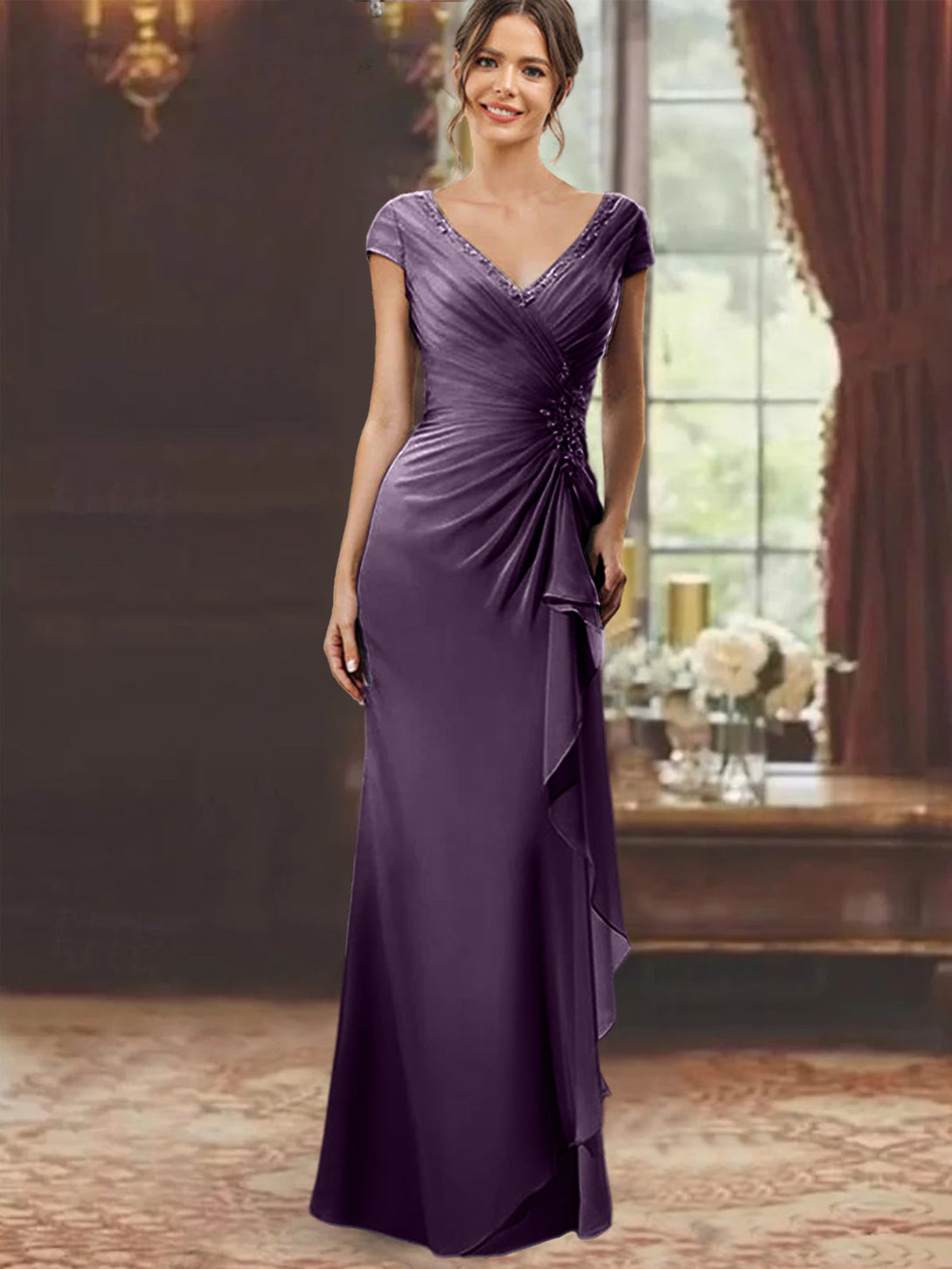 Sheath/Column Off-The-Shoulder Short Sleeves Tea-Length Unique Mother Of The Bride Dresses With Feathers BabaMila