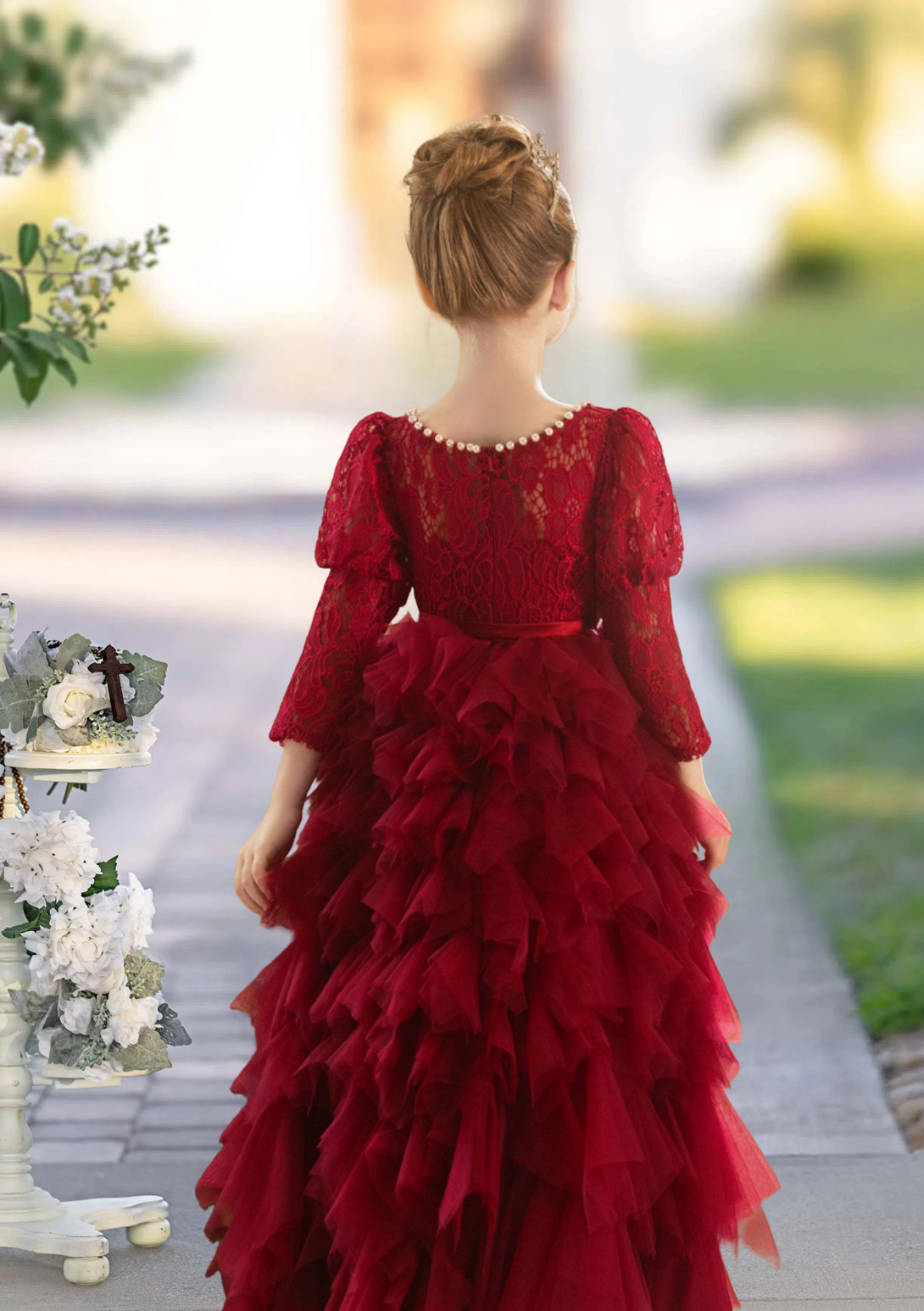 Formal Ball Gown Boat Neck Long Sleeve Floor-Length Tulle/Lace Girls Birthday Dresses With Beads/Ribbon Girls Gidiondress