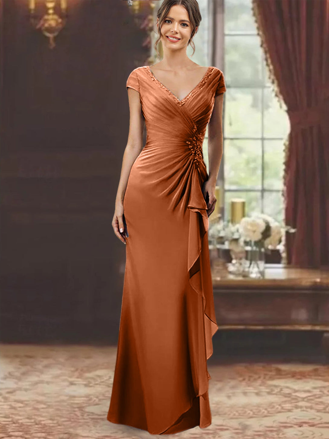 Sheath/Column Off-The-Shoulder Short Sleeves Tea-Length Unique Mother Of The Bride Dresses With Feathers BabaMila