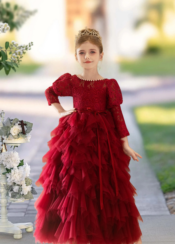 Formal Ball Gown Boat Neck Long Sleeve Floor-Length Tulle/Lace Girls Birthday Dresses With Beads/Ribbon Girls Gidiondress