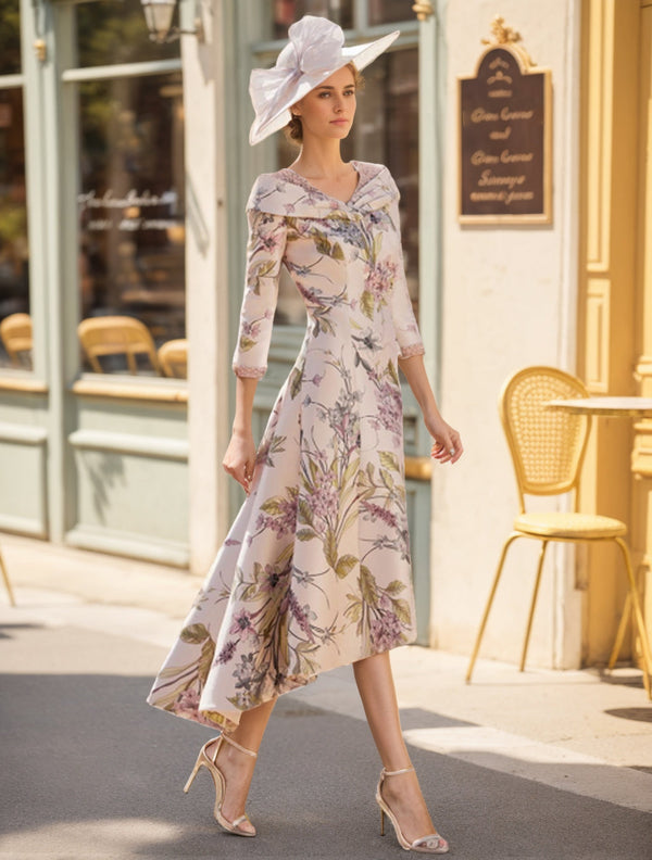 A-Line/Princess V-Neck 3/4 Sleeves Asymmetrical Printed Flower Mother Of The Bride & Groom Dresses BabaMila