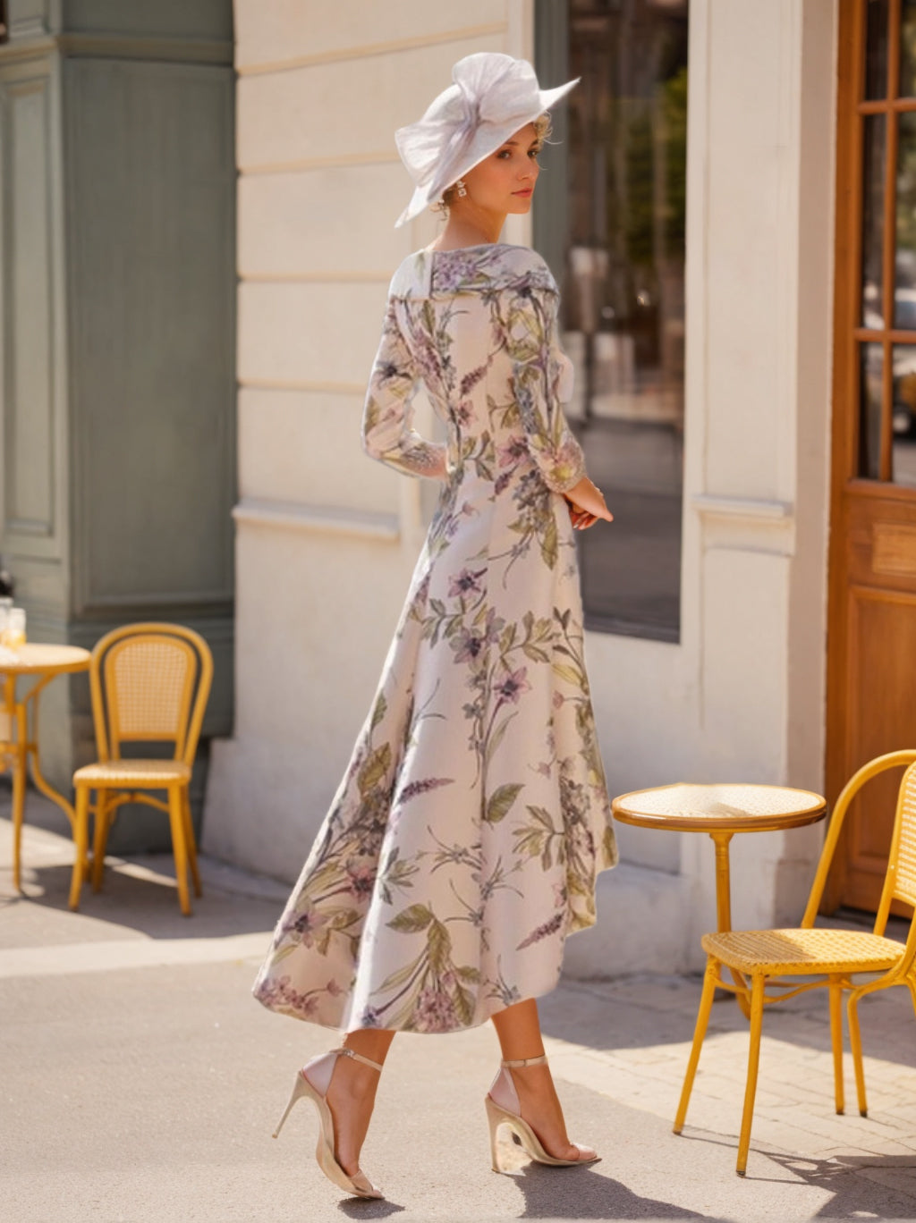 A-Line/Princess V-Neck 3/4 Sleeves Asymmetrical Printed Flower Mother Of The Bride & Groom Dresses BabaMila