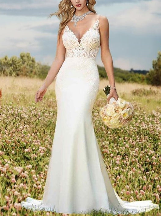 Mermaid/Trumpet V-Neck Sleeveless Wedding Dresses Court Train with Appliques BabaMila