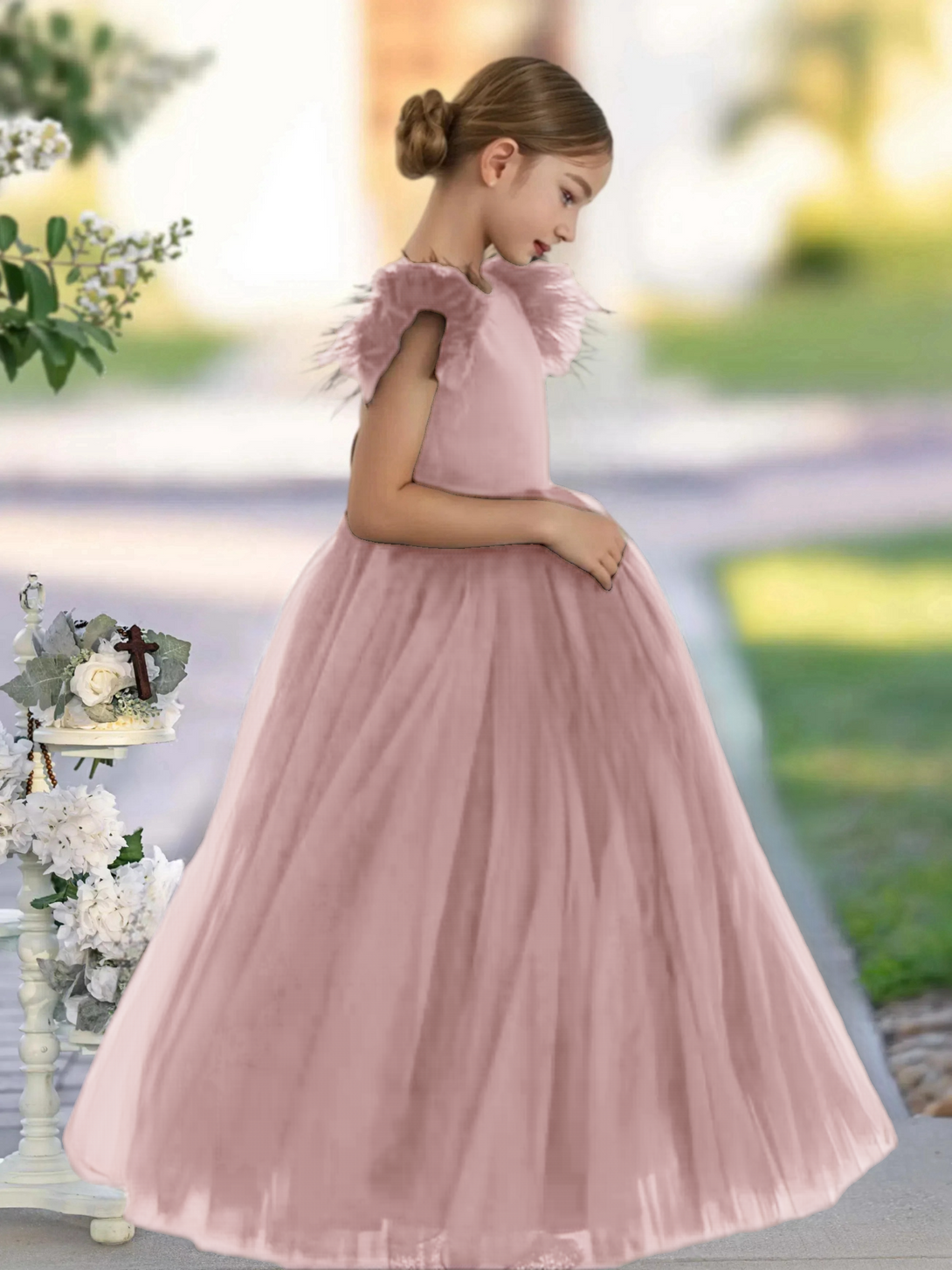 Scoop Neck Flutter Straps Classic Floor-Length Satin/Tulle Girls Birthday Dresses With Bow Gidiondress