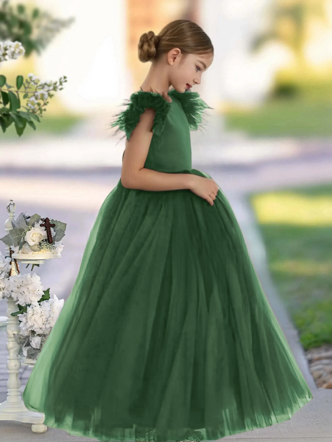 Scoop Neck Flutter Straps Classic Floor-Length Satin/Tulle Girls Birthday Dresses With Bow Gidiondress Dark Green 12M