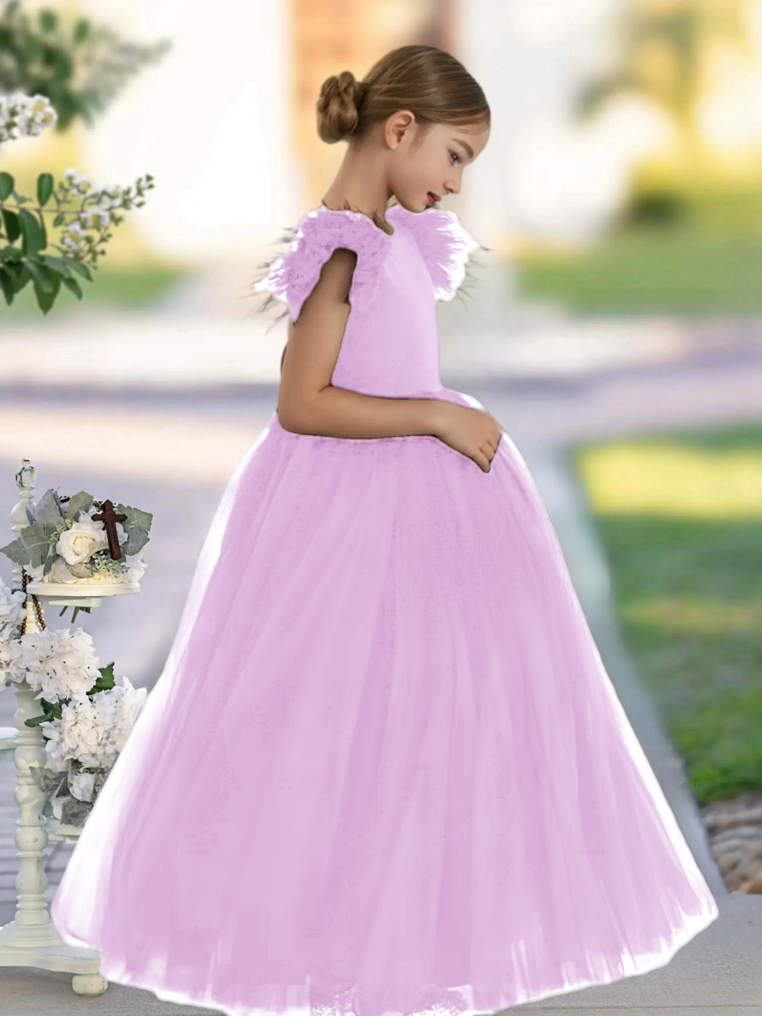 Scoop Neck Flutter Straps Classic Floor-Length Satin/Tulle Girls Birthday Dresses With Bow Gidiondress Lilac 12M