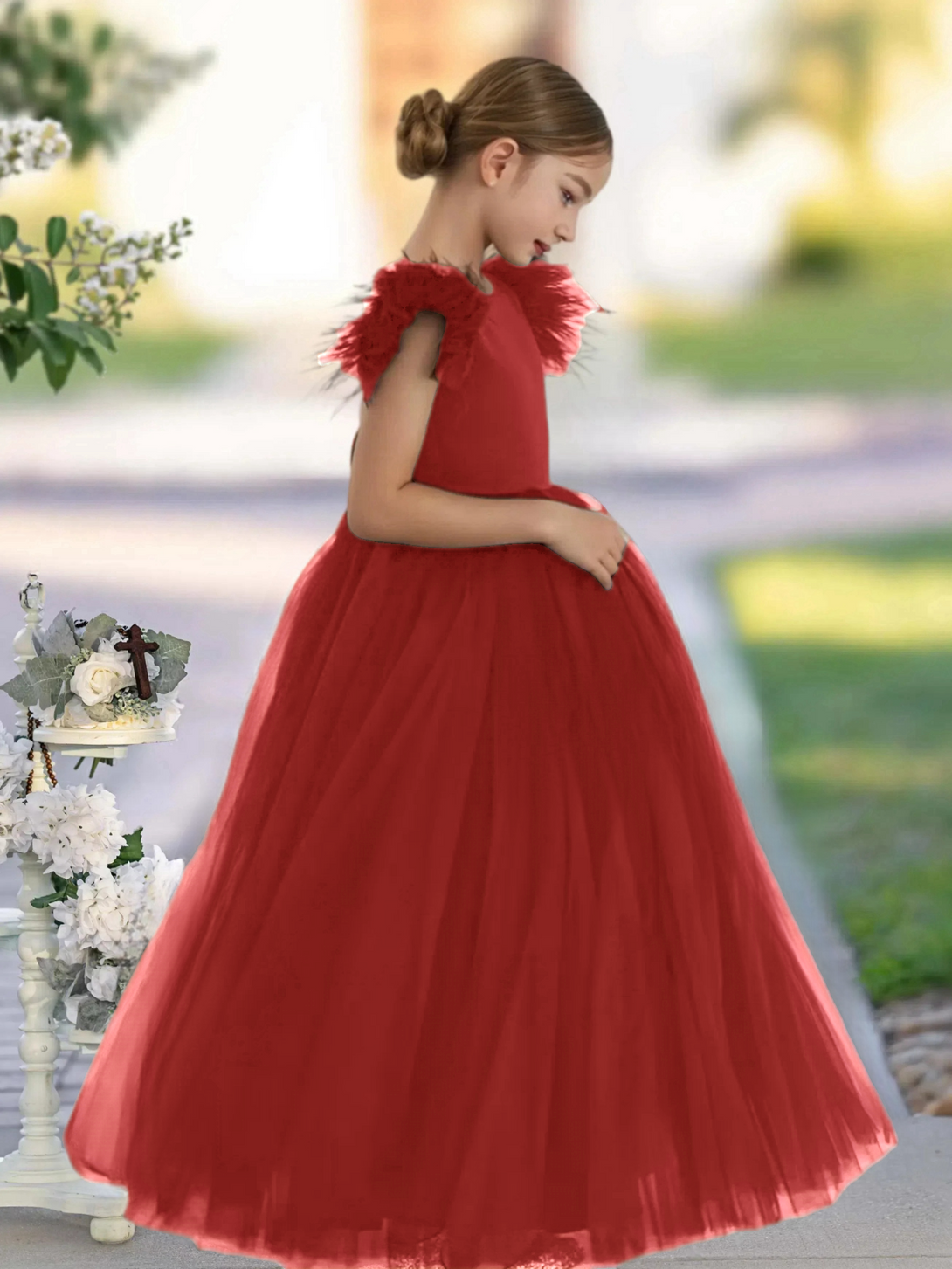 Scoop Neck Flutter Straps Classic Floor-Length Satin/Tulle Girls Birthday Dresses With Bow Gidiondress