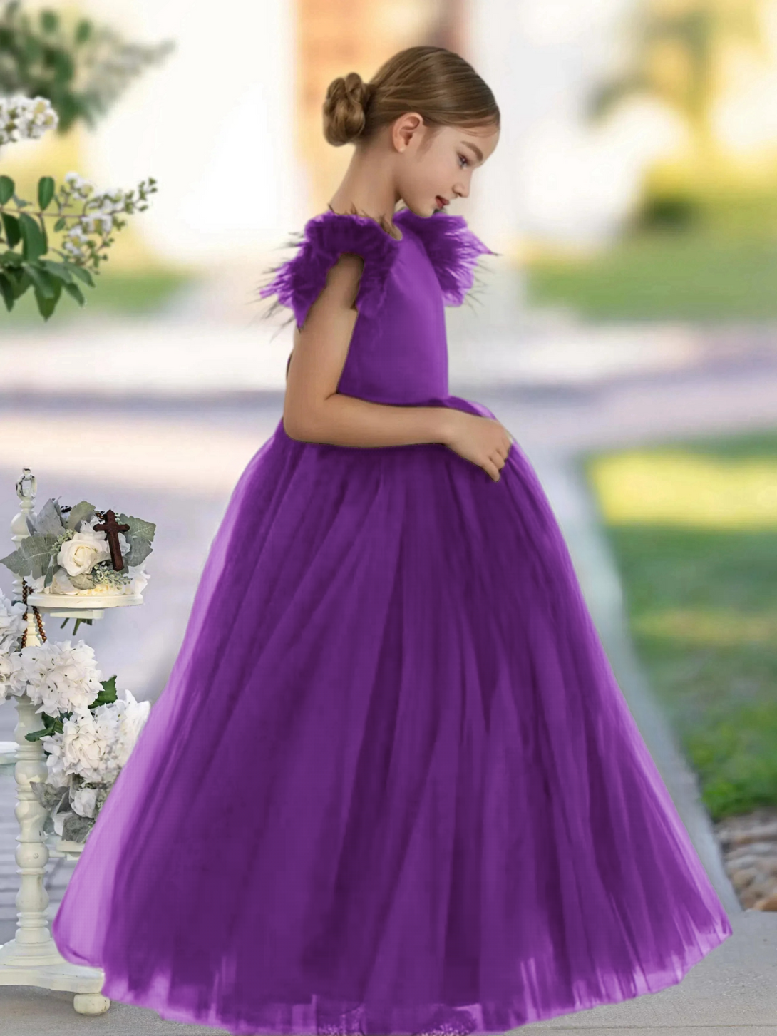 Scoop Neck Flutter Straps Floor-Length Satin/Tulle Girls Birthday Dresses With Bow Gidiondress Purple 12M