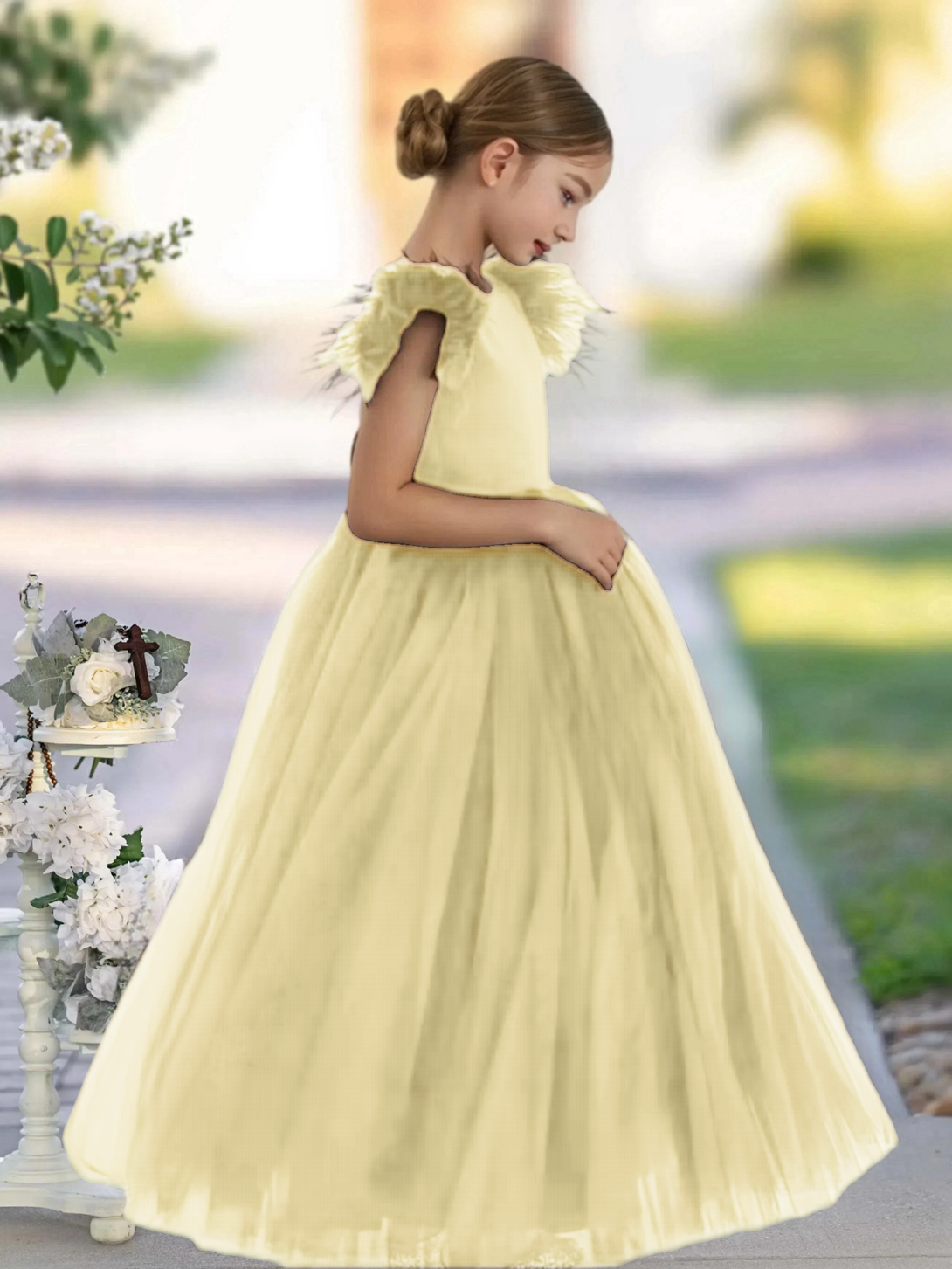Scoop Neck Flutter Straps Floor-Length Satin/Tulle Girls Birthday Dresses With Bow Gidiondress