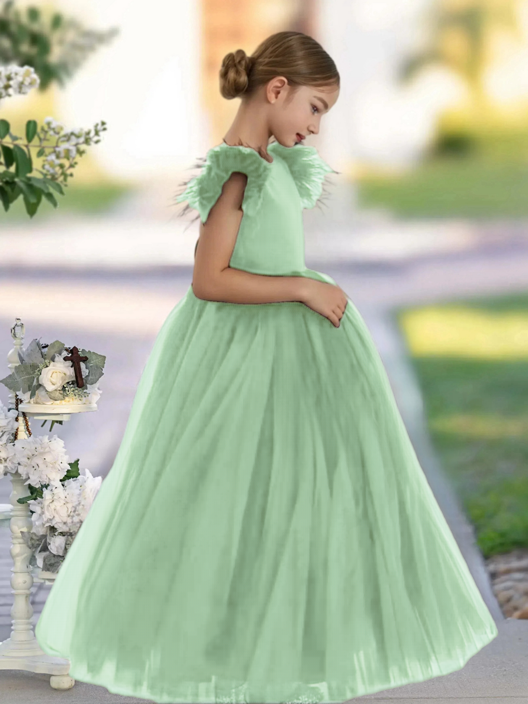 Scoop Neck Flutter Straps Floor-Length Satin/Tulle Girls Birthday Dresses With Bow Gidiondress Dusty Sage 12M