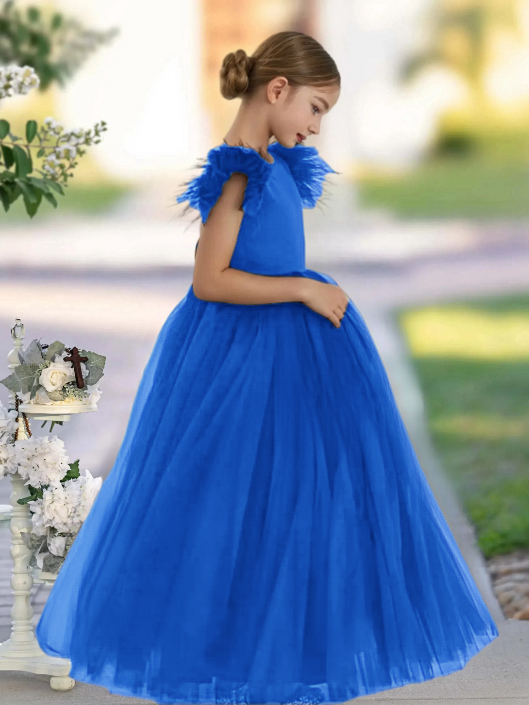 Scoop Neck Flutter Straps Floor-Length Satin/Tulle Girls Birthday Dresses With Bow Gidiondress Royal Blue 12M