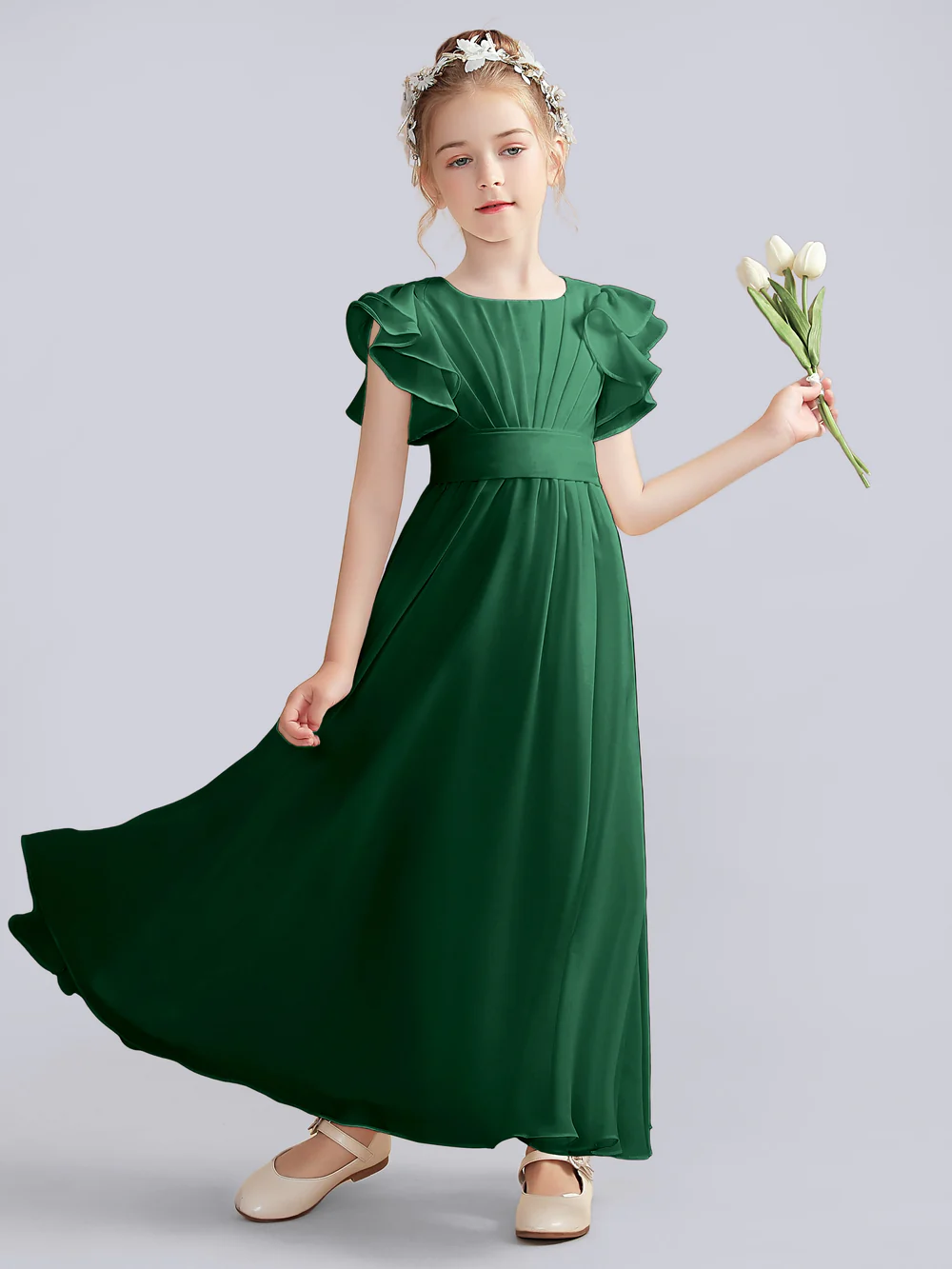 A-Line Flutter straps Scoop Neck Floor-Length Ivory Chiffon Flower Girl Dresses/First Communion Dress Gidiondress