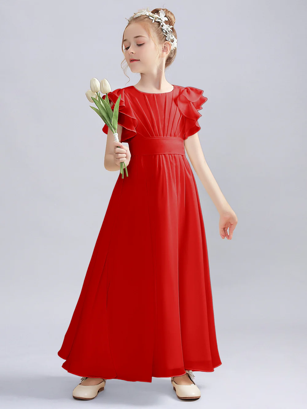 A-Line Flutter straps Scoop Neck Floor-Length Ivory Chiffon Flower Girl Dresses/First Communion Dress Gidiondress